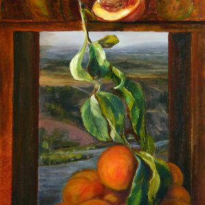 Peaches at the Window - oil on museum series gesso bord, 12 x 9 inches, ©2014